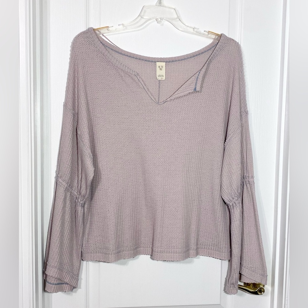 We The Free Bell Sleeve Split Neck Waffle Knit Top Lavender Medium